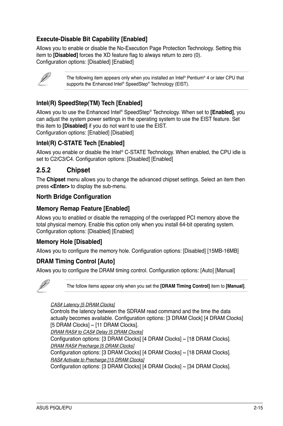 2 chipset, Chipset -15, Chipset | Intel(r).speedstep(tm).tech.[enabled, Intel(r).c-state.tech.[enabled, Dram.timing.control.[auto, Execute-disable.bit.capability.[enabled | Asus P5QL/EPU User Manual | Page 53 / 64