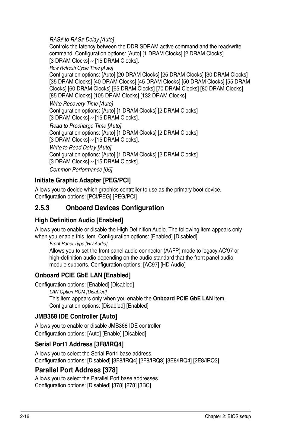 3 onboard devices configuration, Onboard devices configuration -16, Parallel.port.address.[378 | Asus P5QL/EPU User Manual | Page 54 / 64