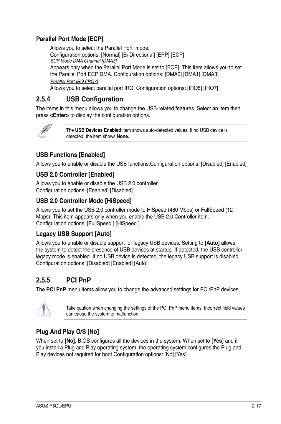 4 usb configuration, 5 pci pnp, Usb configuration -17 | Pci pnp -17, Pci.pnp | Asus P5QL/EPU User Manual | Page 55 / 64