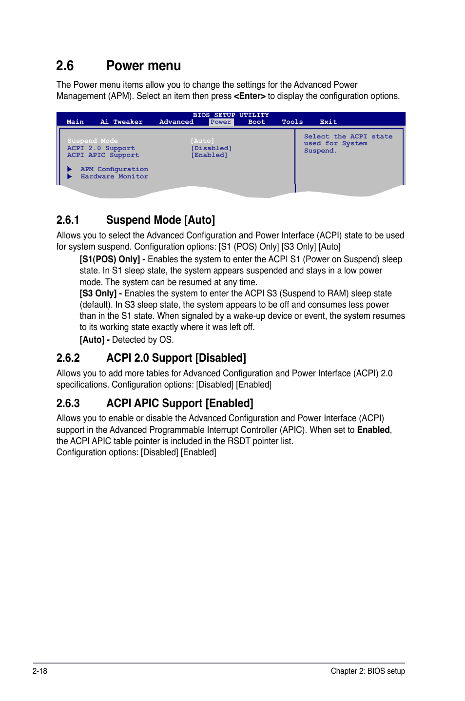 6 power menu, 1 suspend mode, 2 acpi 2.0 support | 3 acpi apic support, Power.menu -18 2.6.1, Suspend mode -18, Acpi 2.0 support -18, Acpi apic support -18, Power.menu, Suspend.mode.[auto | Asus P5QL/EPU User Manual | Page 56 / 64