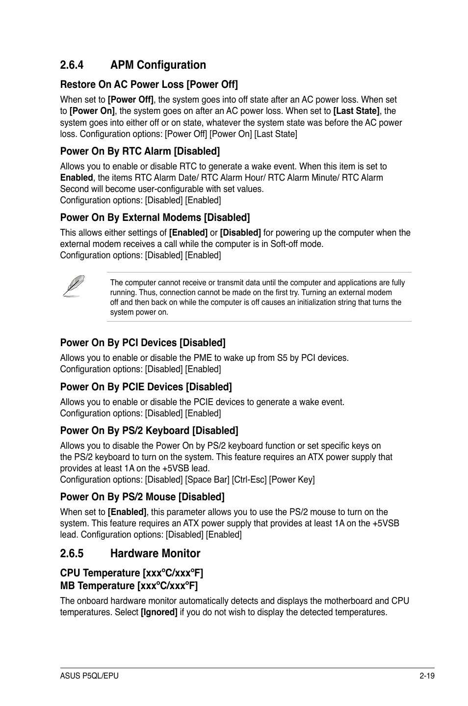 4 apm configuration, 5 hardware monitor, Apm configuration -19 | Hardware monitor -19, Hardware.monitor | Asus P5QL/EPU User Manual | Page 57 / 64