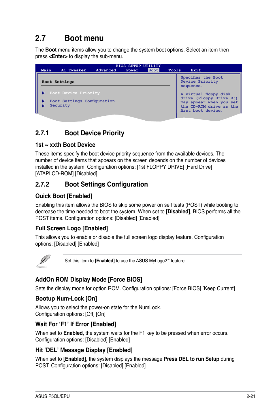 7 boot menu, 1 boot device priority, 2 boot settings configuration | Boot.menu -21 2.7.1, Boot device priority -21, Boot settings configuration -21, Boot.menu, Boot.device.priority | Asus P5QL/EPU User Manual | Page 59 / 64