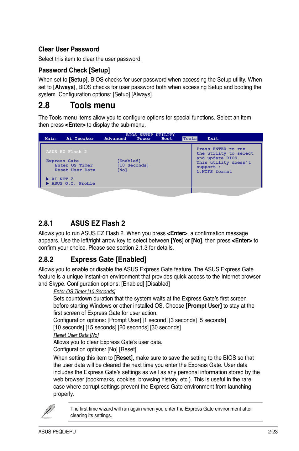 8 tools menu, 1 asus ez flash 2, 2 express gate | Tools.menu -23 2.8.1, Asus ez flash 2 -23, Express gate -23, Tools.menu, Asus.ez.flash.2, Express.gate.[enabled | Asus P5QL/EPU User Manual | Page 61 / 64