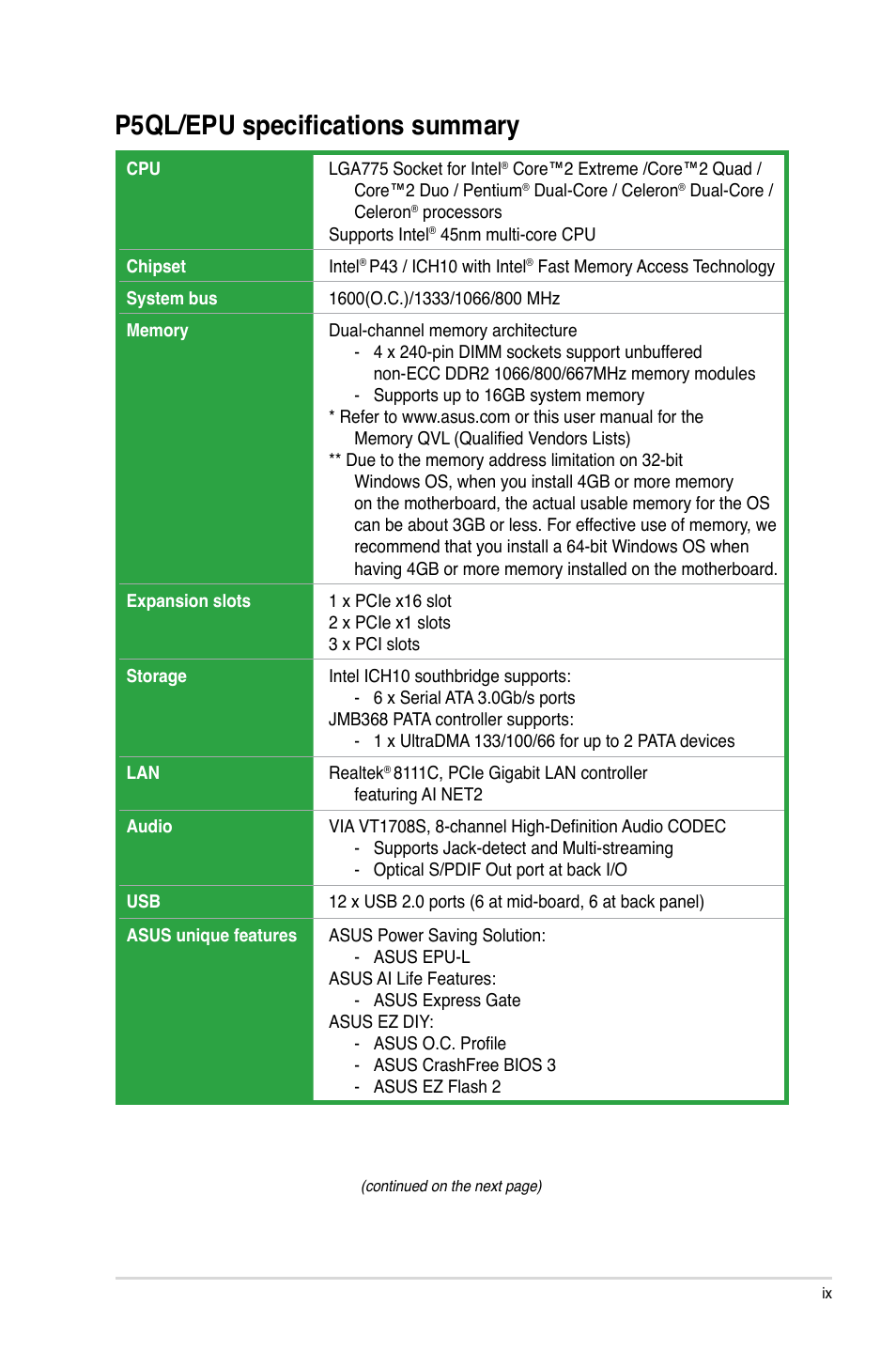 P5ql/epu specifications summary | Asus P5QL/EPU User Manual | Page 9 / 64