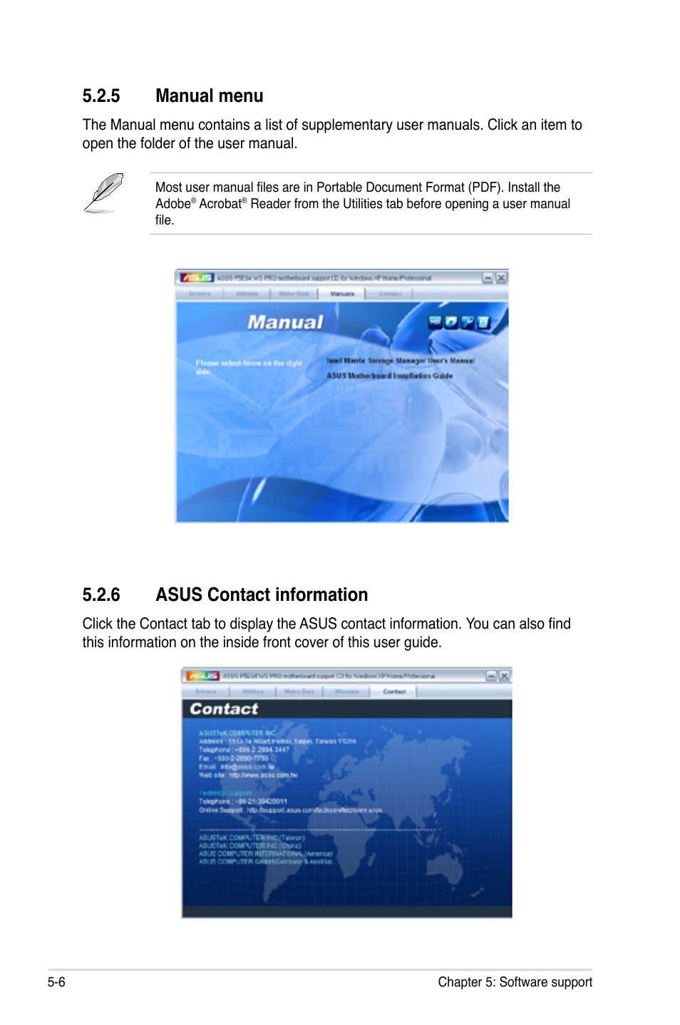 5 manual menu, 6 asus contact information | Asus P5E64 WS Professional User Manual | Page 118 / 178