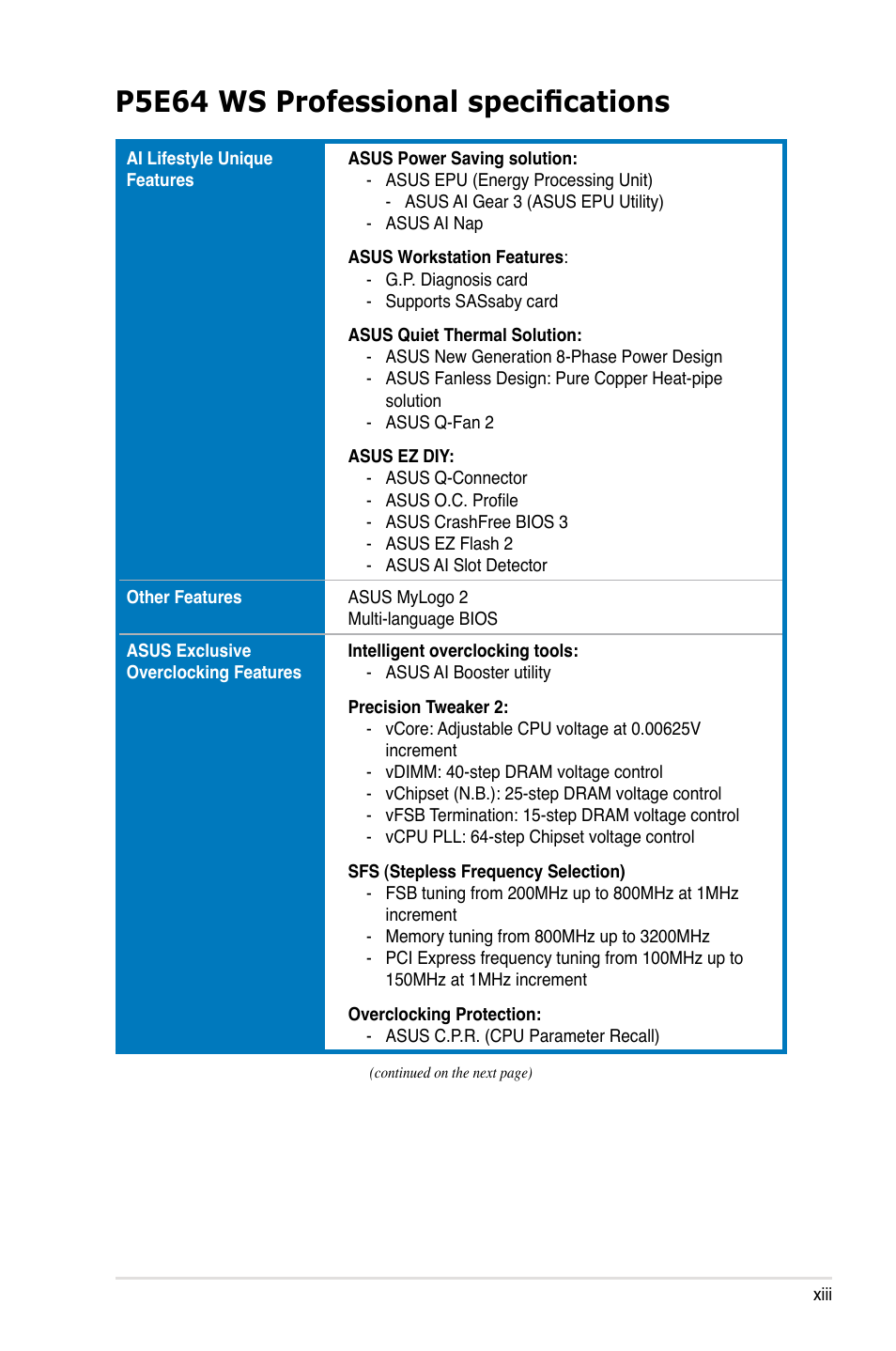 P5e64 ws professional specifications | Asus P5E64 WS Professional User Manual | Page 13 / 178