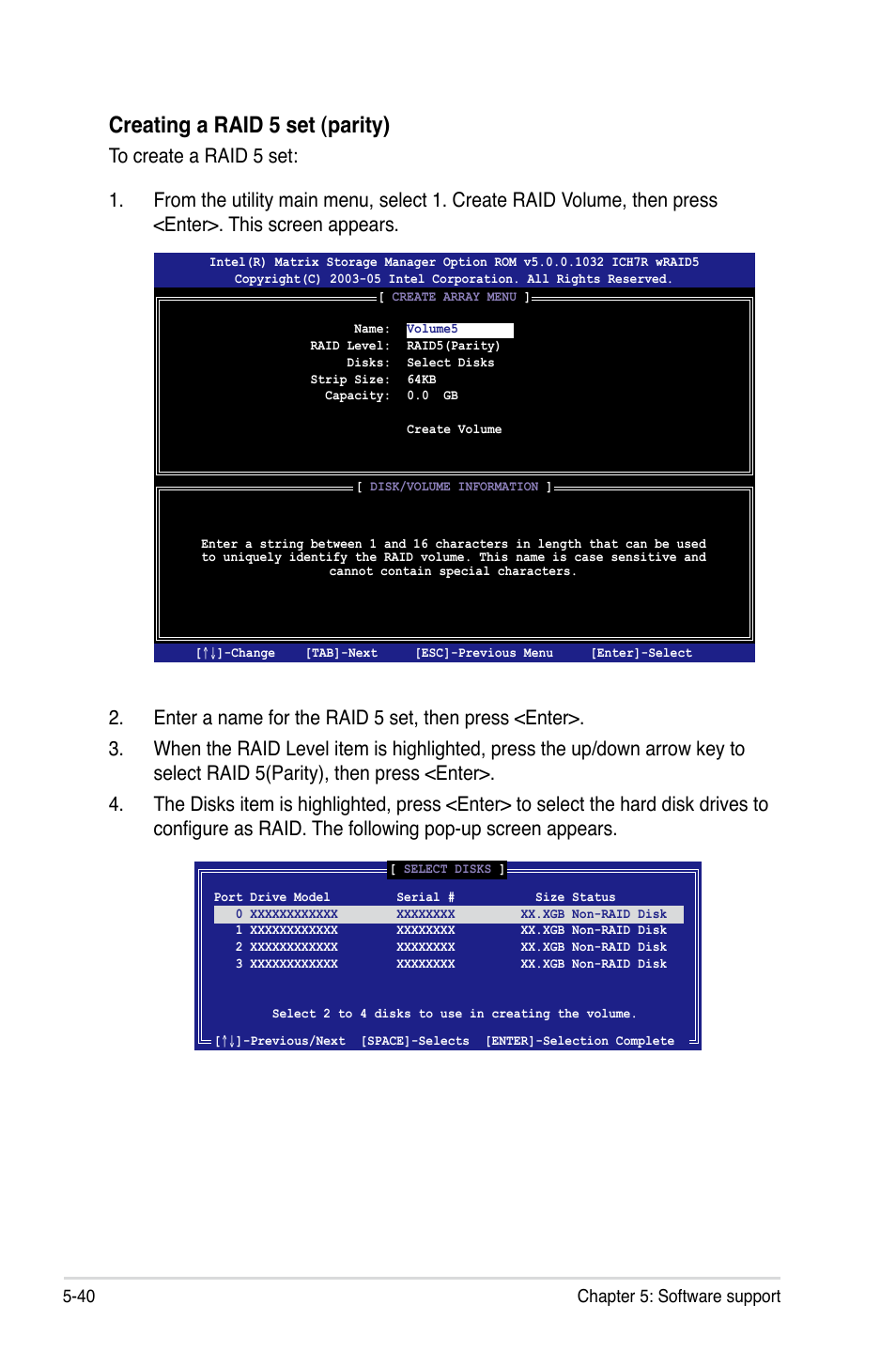 Creating a raid 5 set (parity) | Asus P5E64 WS Professional User Manual | Page 152 / 178