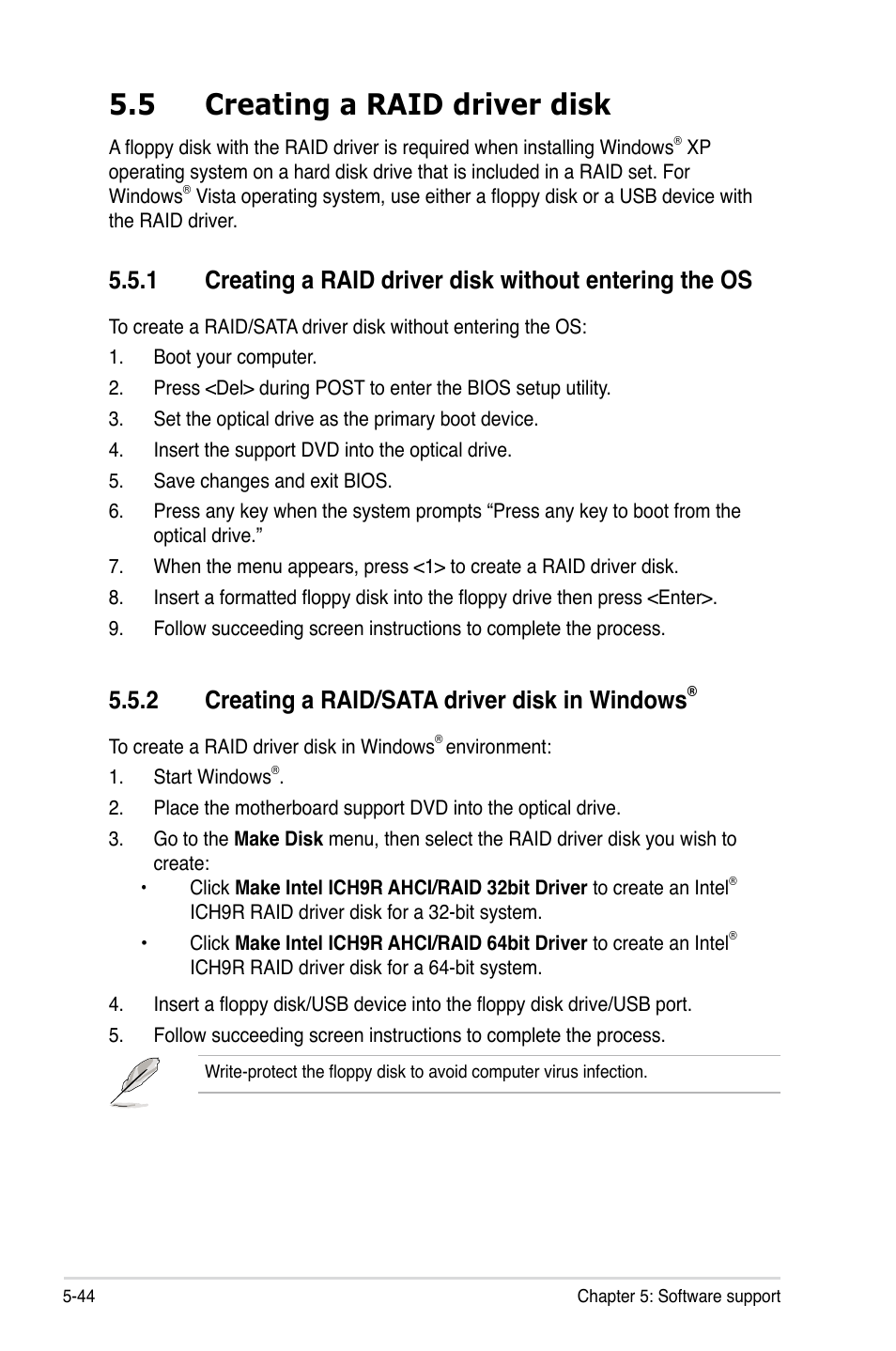 5 creating a raid driver disk, 2 creating a raid/sata driver disk in windows | Asus P5E64 WS Professional User Manual | Page 156 / 178