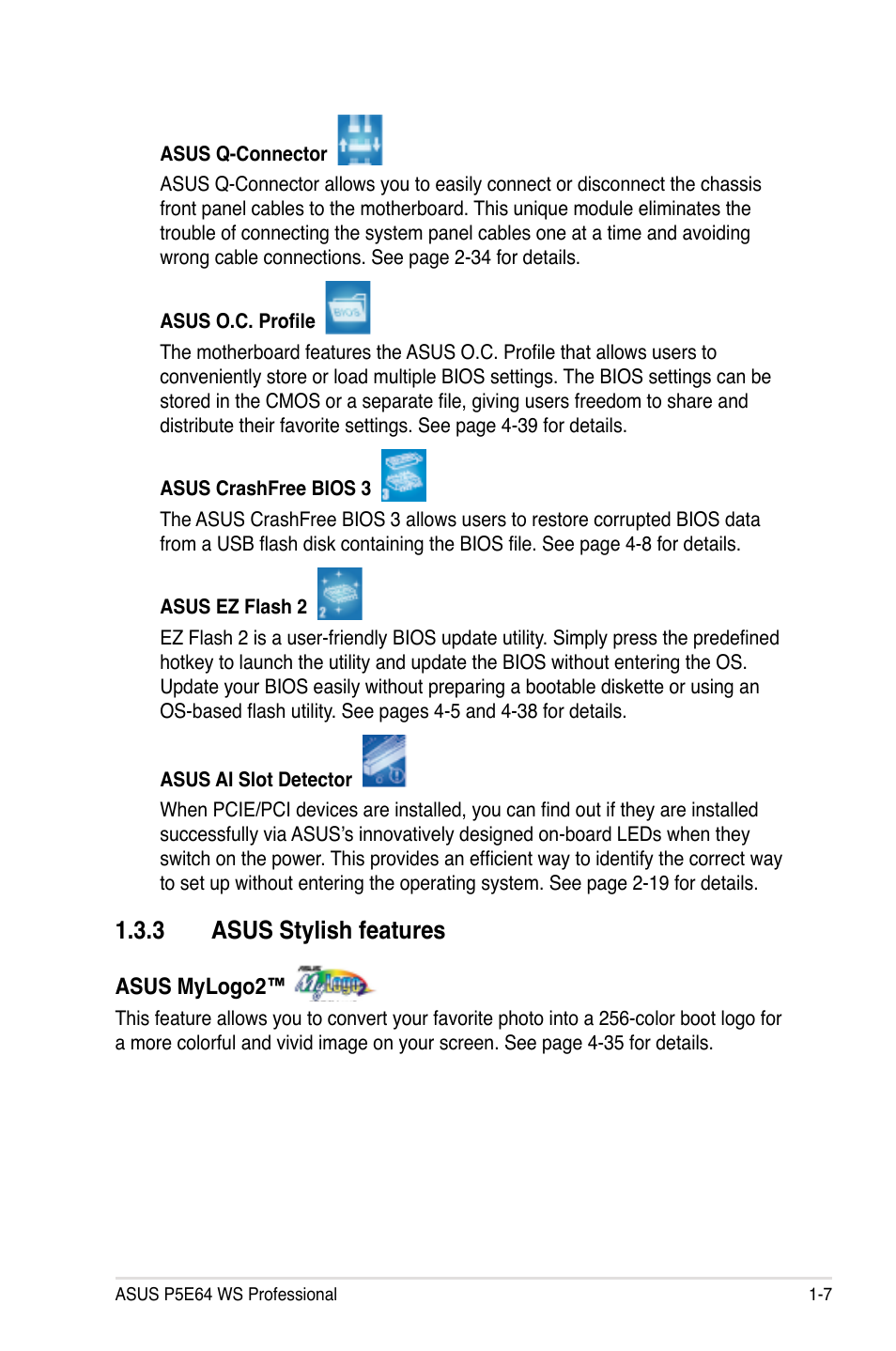 3 asus stylish features | Asus P5E64 WS Professional User Manual | Page 23 / 178