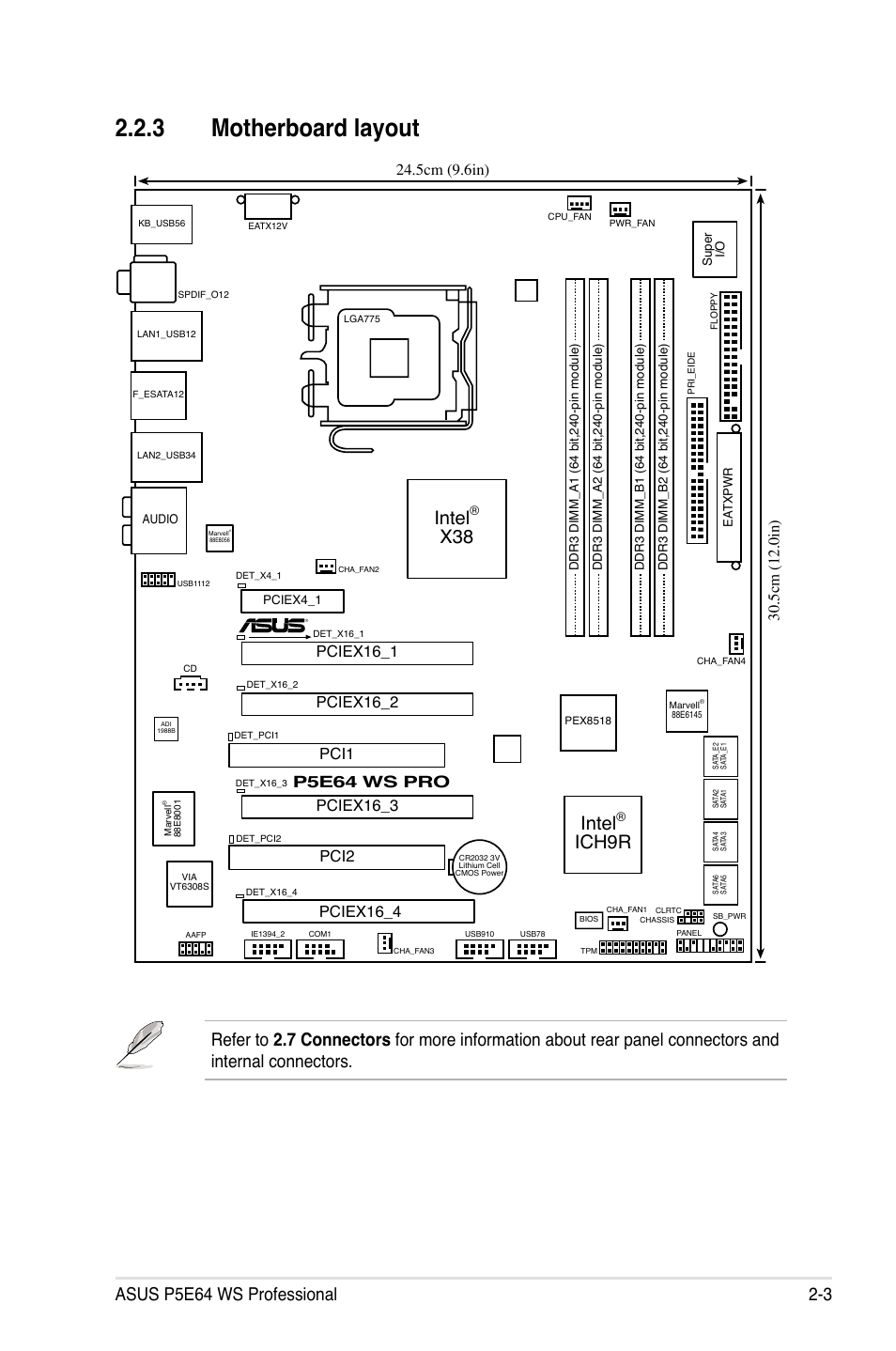 3 motherboard layout, Intel, Ich9r | P5e64 ws pro, Pciex16_1 pci1, Pci2 pciex16_4, Pciex16_2, Pciex16_3 | Asus P5E64 WS Professional User Manual | Page 29 / 178