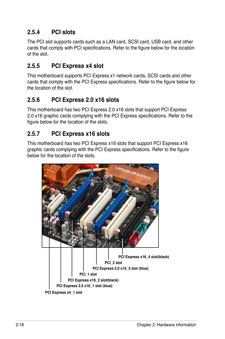 4 pci slots, 5 pci express x4 slot, 7 pci express x16 slots | Asus P5E64 WS Professional User Manual | Page 44 / 178