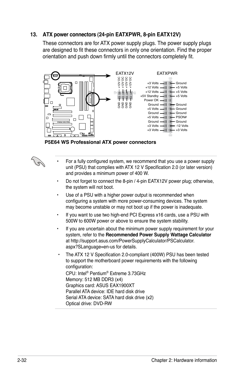 Pentium, P5e64 ws professional atx power connectors | Asus P5E64 WS Professional User Manual | Page 58 / 178