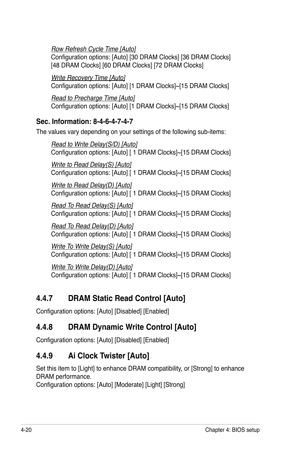 7 dram static read control [auto, 8 dram dynamic write control [auto, 9 ai clock twister [auto | Asus P5E64 WS Professional User Manual | Page 88 / 178