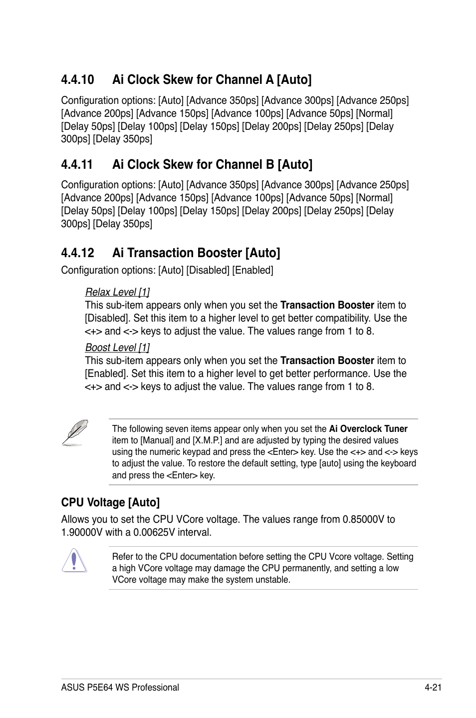 12 ai transaction booster [auto, 10 ai clock skew for channel a [auto, 11 ai clock skew for channel b [auto | Asus P5E64 WS Professional User Manual | Page 89 / 178