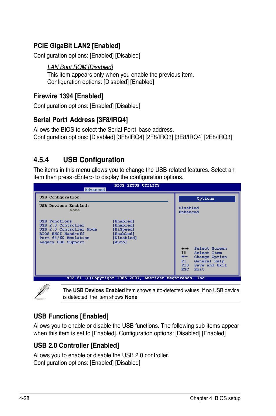 4 usb configuration, Pcie gigabit lan2 [enabled, Firewire 1394 [enabled | Serial port1 address [3f8/irq4, Usb functions [enabled, Usb 2.0 controller [enabled, Configuration options: [enabled] [disabled | Asus P5E64 WS Professional User Manual | Page 96 / 178