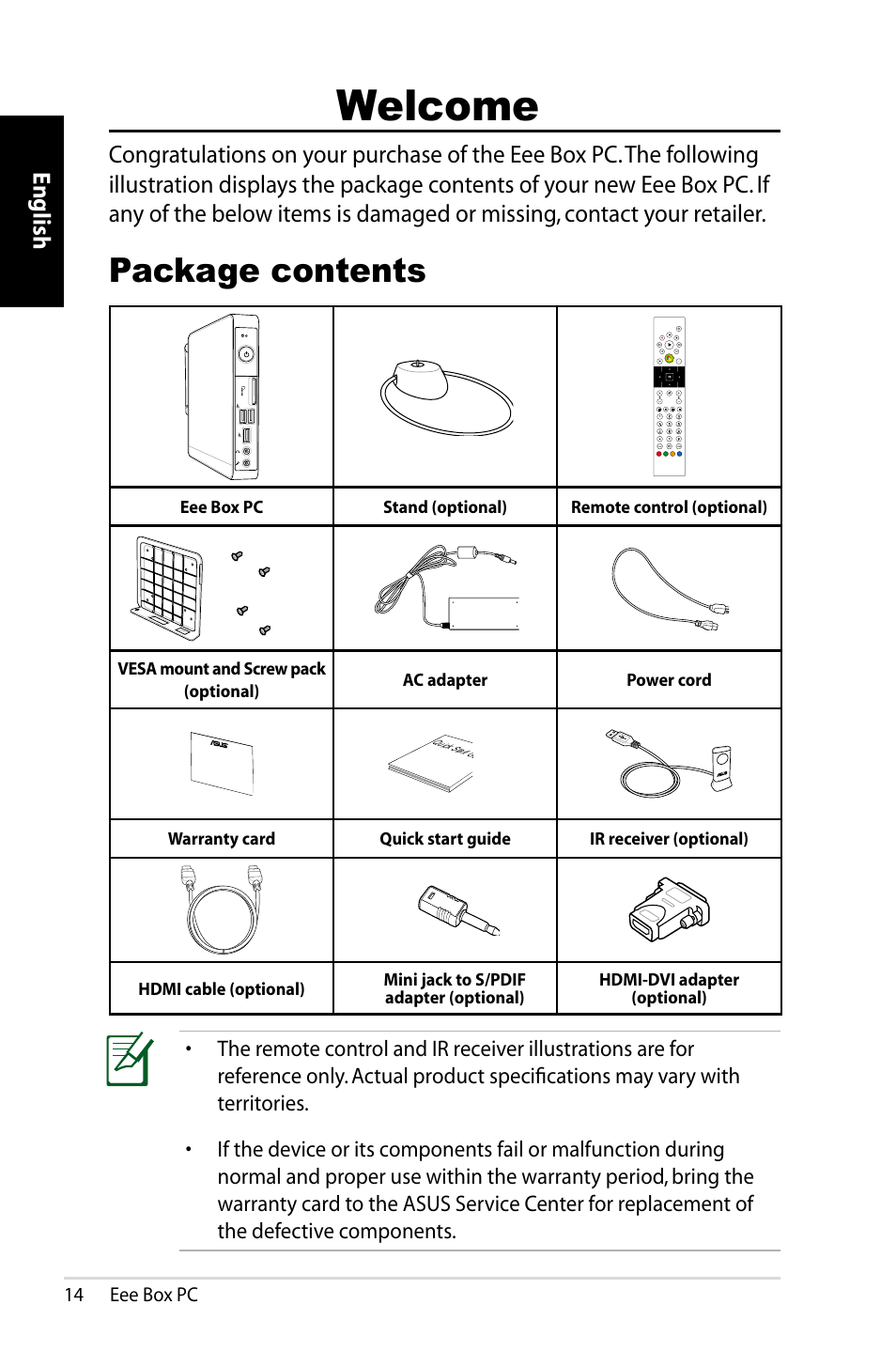 Welcome, Package contents, English | Asus EB1012P User Manual | Page 14 / 46