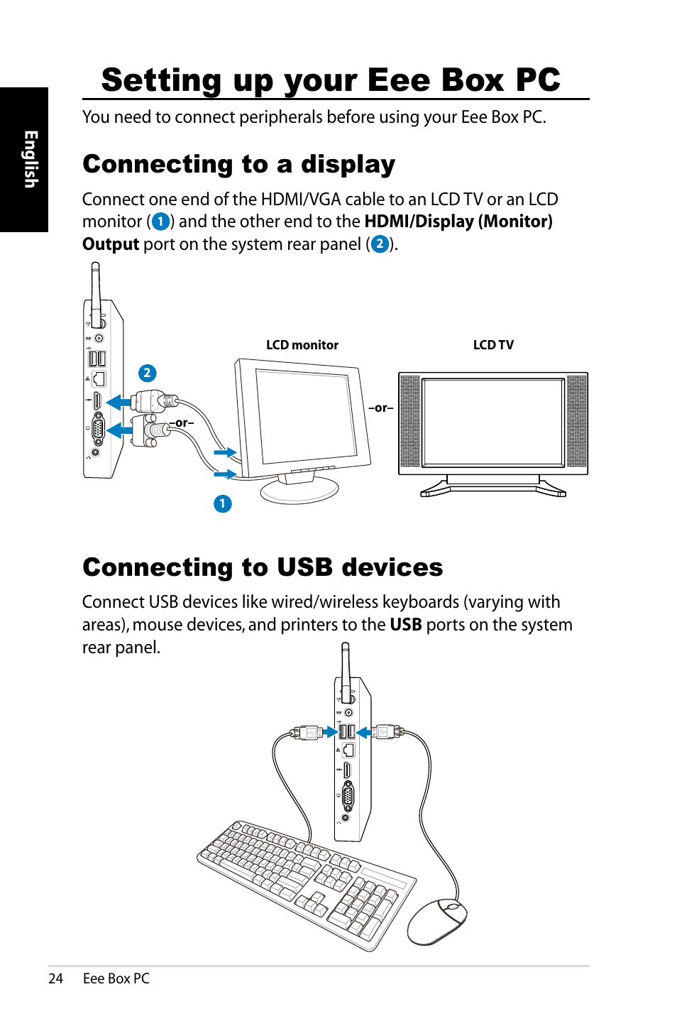 Setting up your eee box pc, Connecting to a display, Connecting to usb devices | Connecting to a display connecting to usb devices | Asus EB1012P User Manual | Page 24 / 46