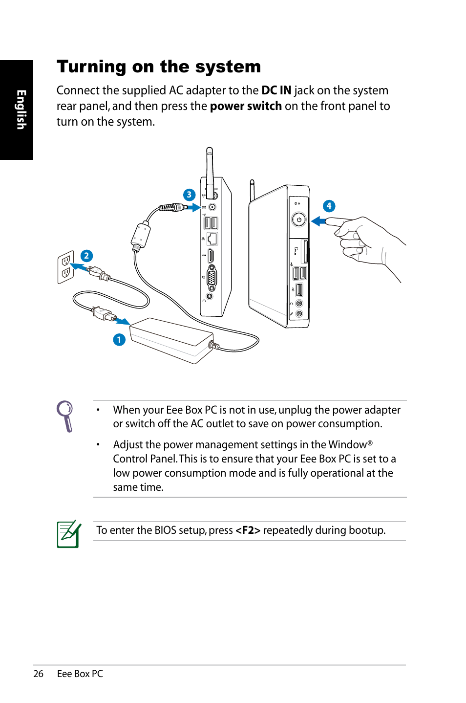 Turning on the system | Asus EB1012P User Manual | Page 26 / 46