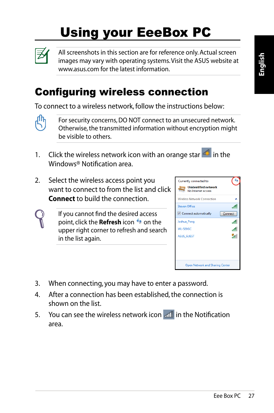 Using your eeebox pc, Configuring wireless connection | Asus EB1012P User Manual | Page 27 / 46