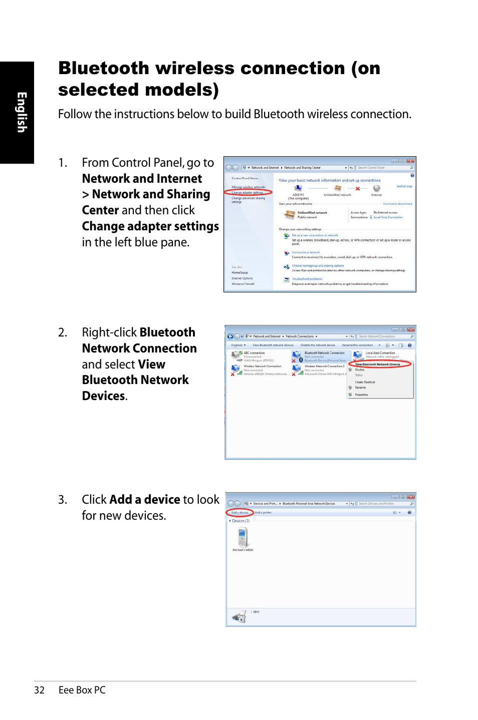 Bluetooth wireless connection (on selected models) | Asus EB1012P User Manual | Page 32 / 46