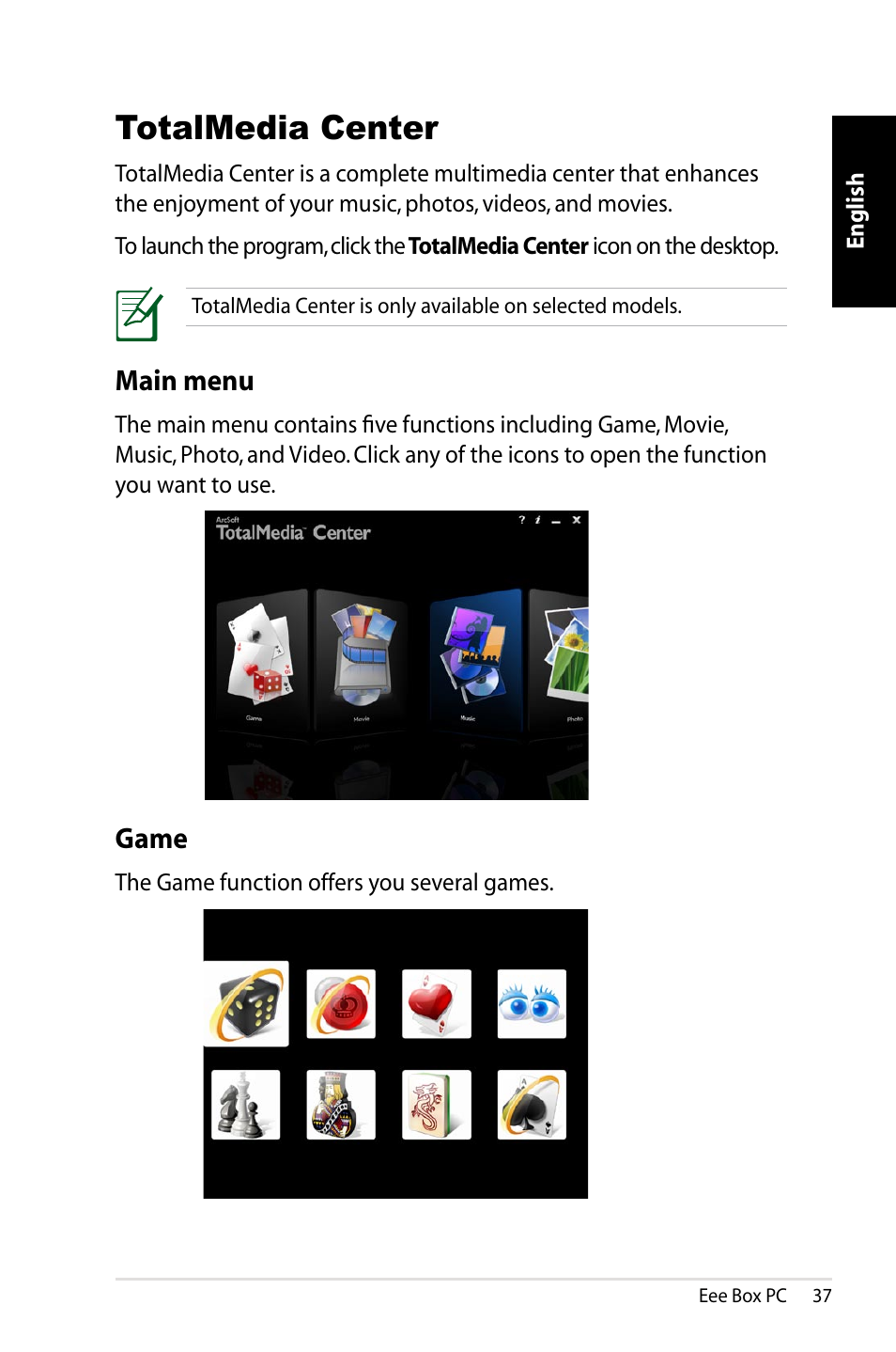 Totalmedia center, Main menu, Game | Asus EB1012P User Manual | Page 37 / 46