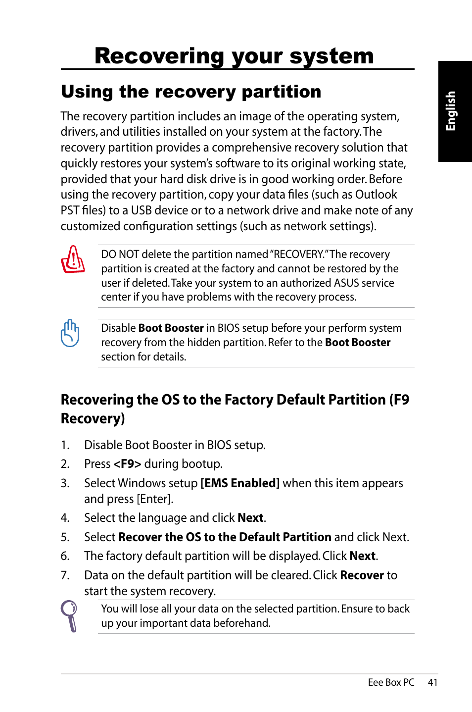 Recovering your system, Using the recovery partition | Asus EB1012P User Manual | Page 41 / 46
