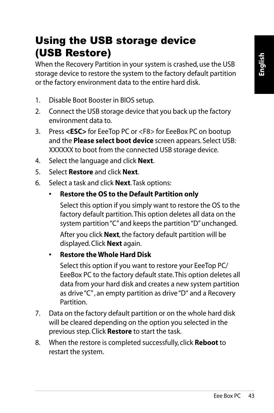 Using the usb storage device (usb restore) | Asus EB1012P User Manual | Page 43 / 46