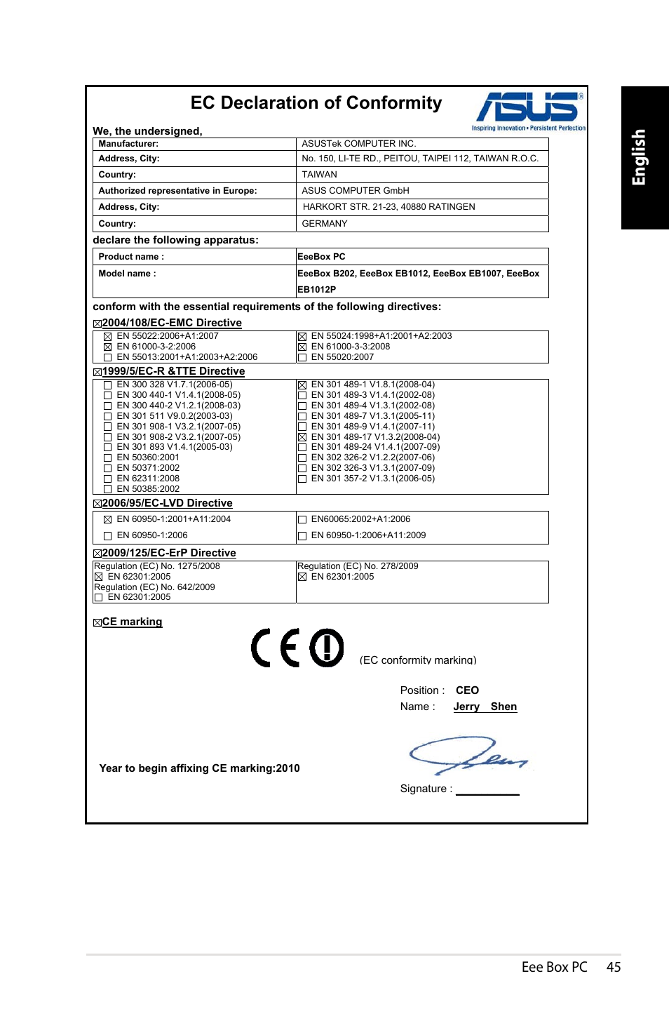 English, Ec declaration of conformity, Eee box pc 45 | Asus EB1012P User Manual | Page 45 / 46