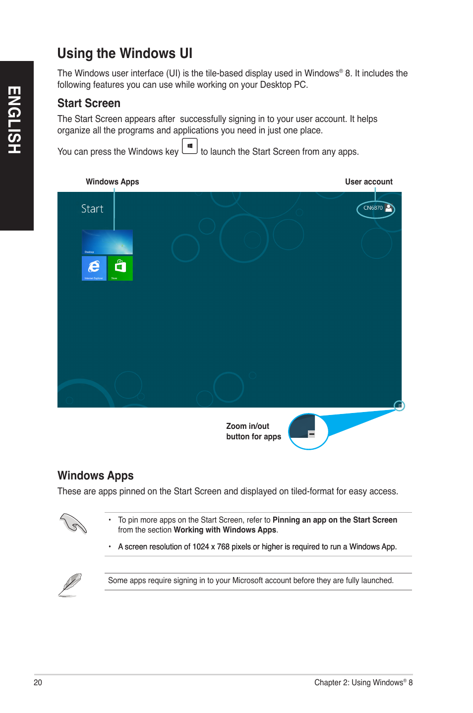 En gl is h en gl is h en gl is h en gl is h, Using the windows ui | Asus CM1855 User Manual | Page 20 / 70