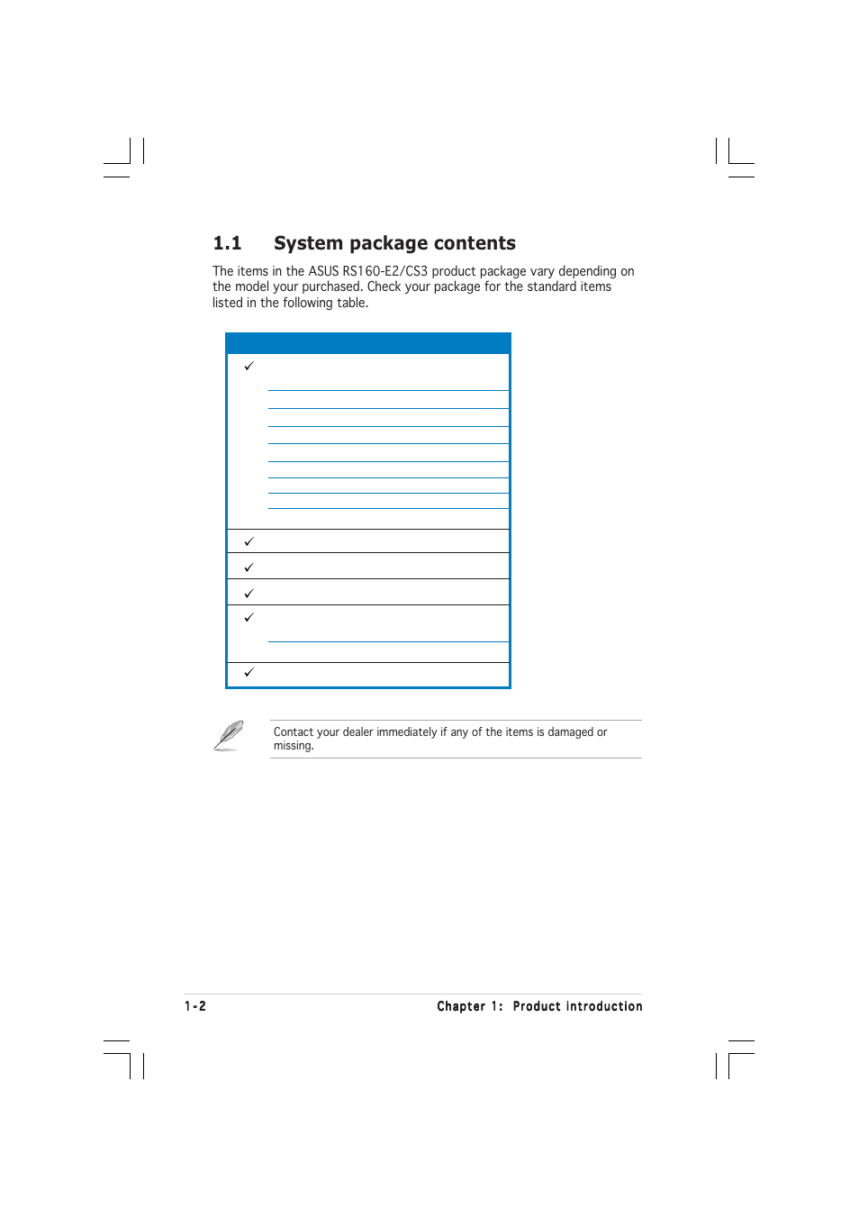 1 system package contents | Asus RS160-E2 User Manual | Page 12 / 132