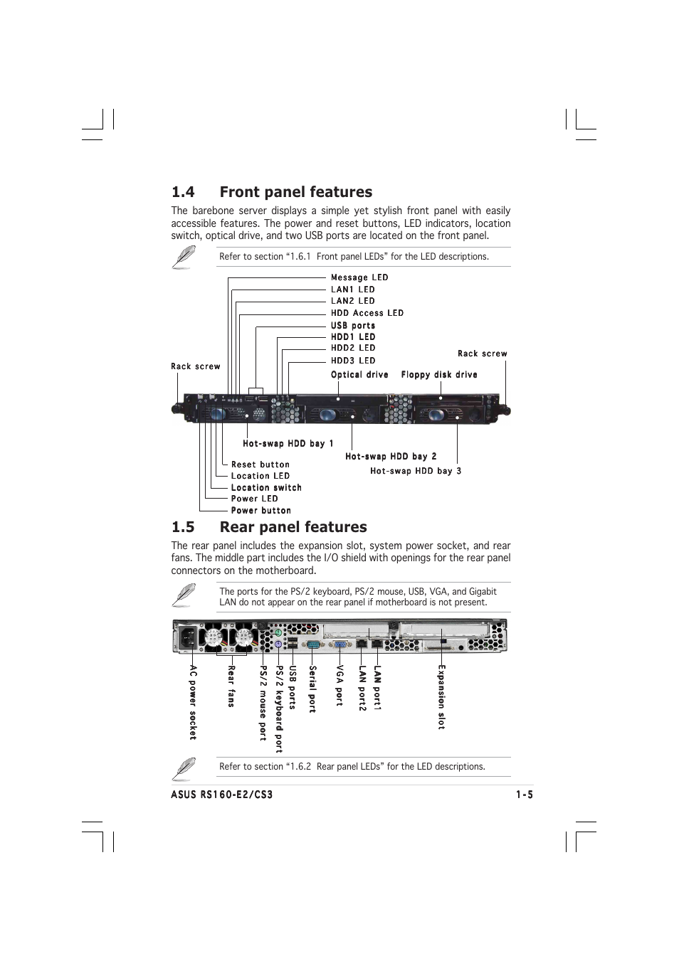 5 rear panel features, 4 front panel features | Asus RS160-E2 User Manual | Page 15 / 132