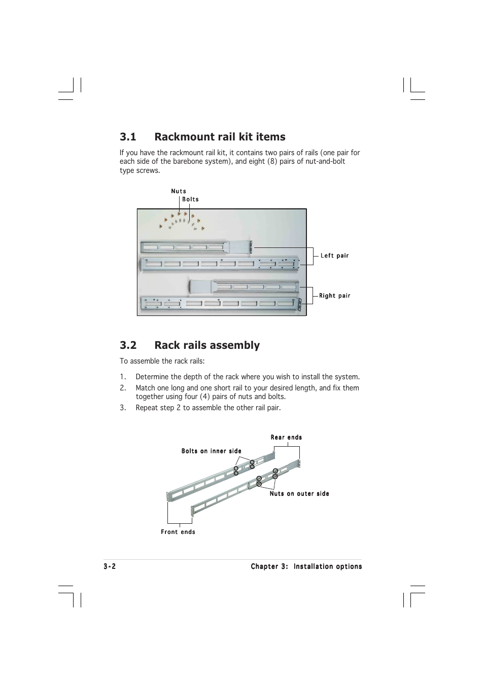 1 rackmount rail kit items, 2 rack rails assembly | Asus RS160-E2 User Manual | Page 42 / 132