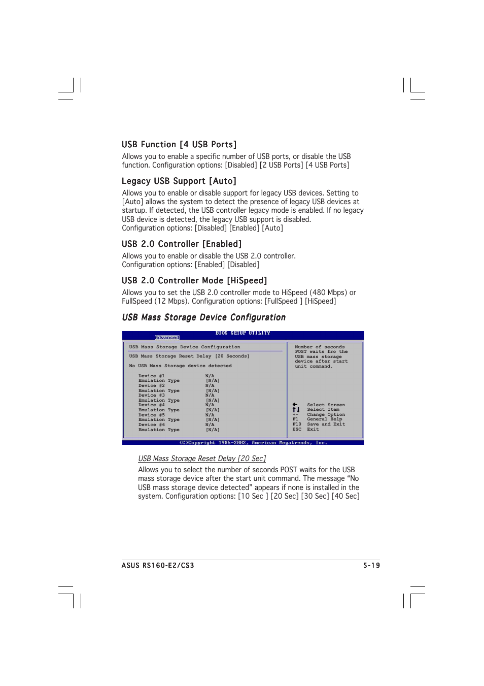 Usb function [4 usb ports, Legacy usb support [auto, Usb 2.0 controller [enabled | Usb 2.0 controller mode [hispeed, Usb mass storage device configuration | Asus RS160-E2 User Manual | Page 79 / 132