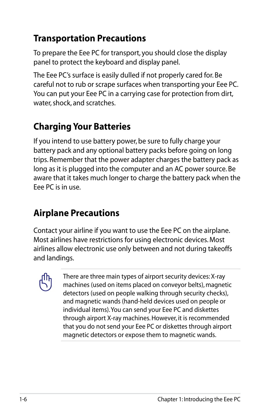 Transportation precautions, Charging your batteries, Airplane precautions | Asus Eee PC 701SDX/Linux User Manual | Page 10 / 78