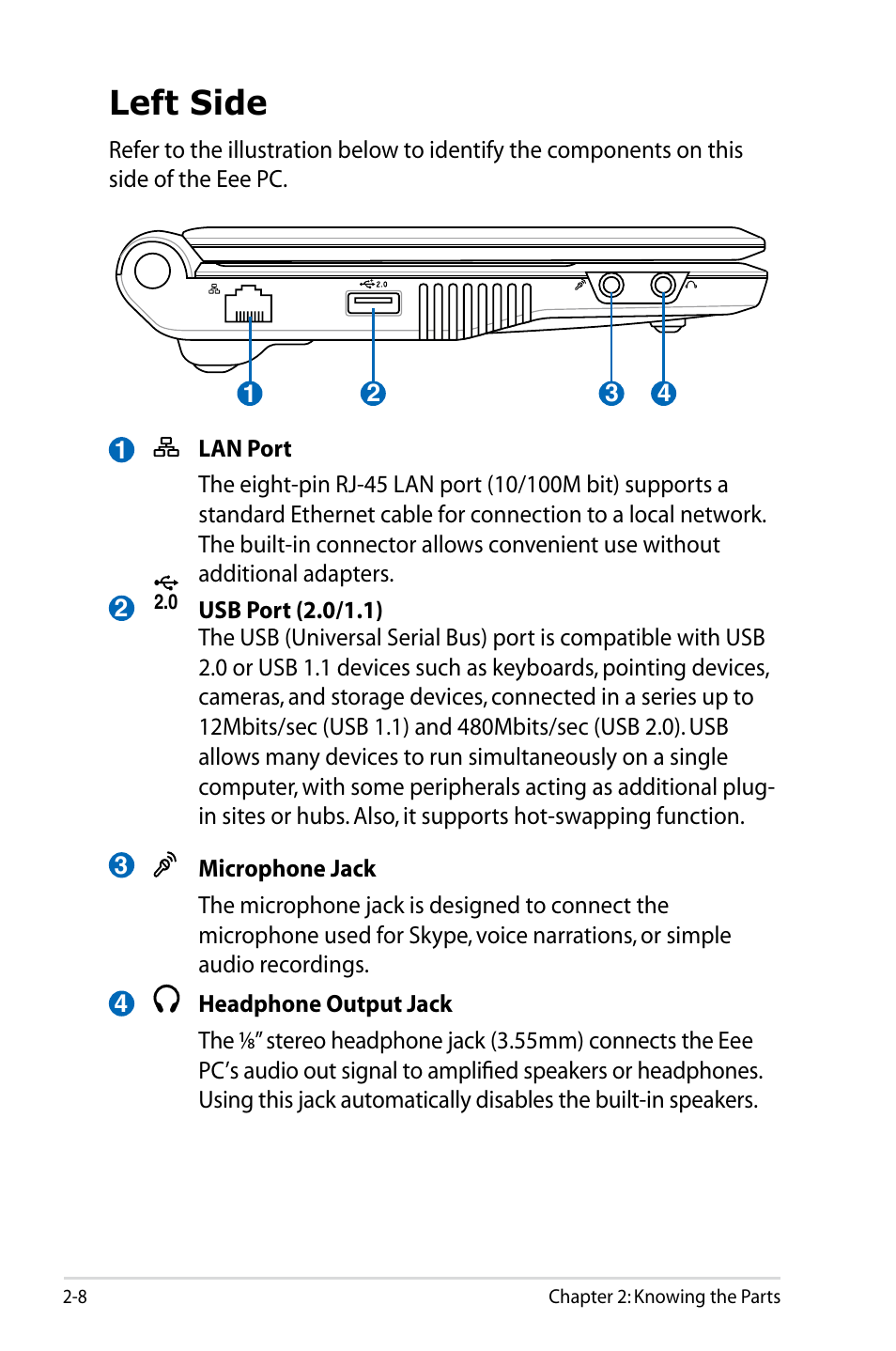 Left side | Asus Eee PC 701SDX/Linux User Manual | Page 20 / 78