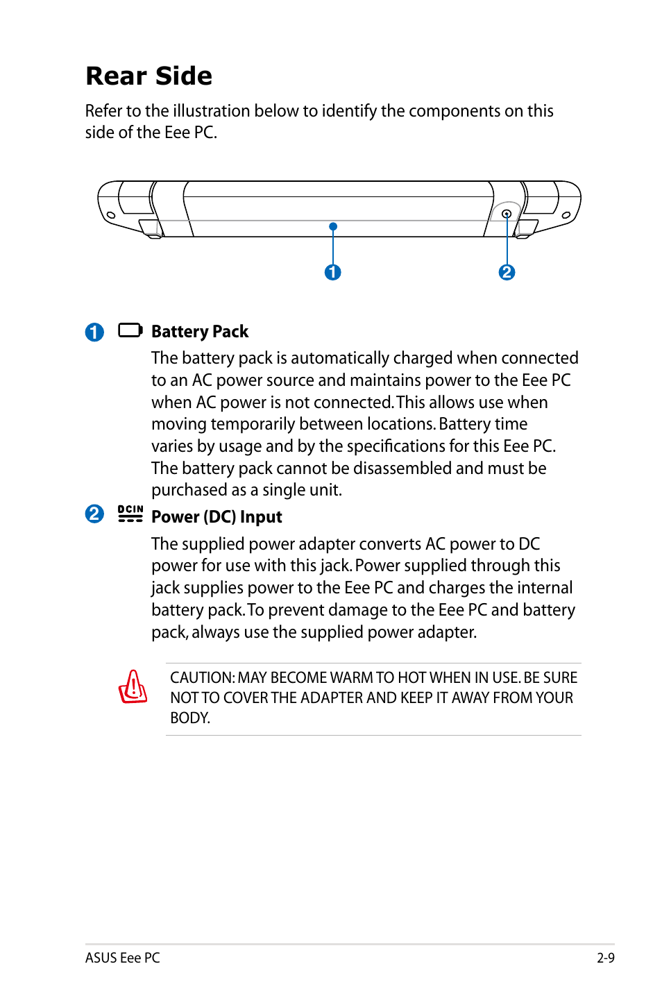 Rear side | Asus Eee PC 701SDX/Linux User Manual | Page 21 / 78