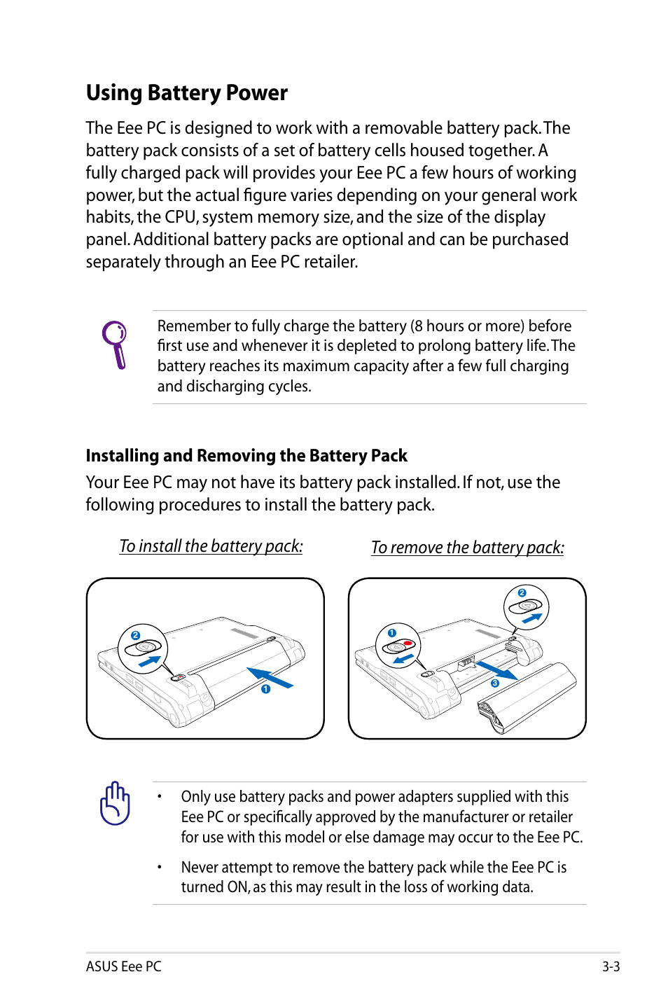 Using battery power | Asus Eee PC 701SDX/Linux User Manual | Page 25 / 78