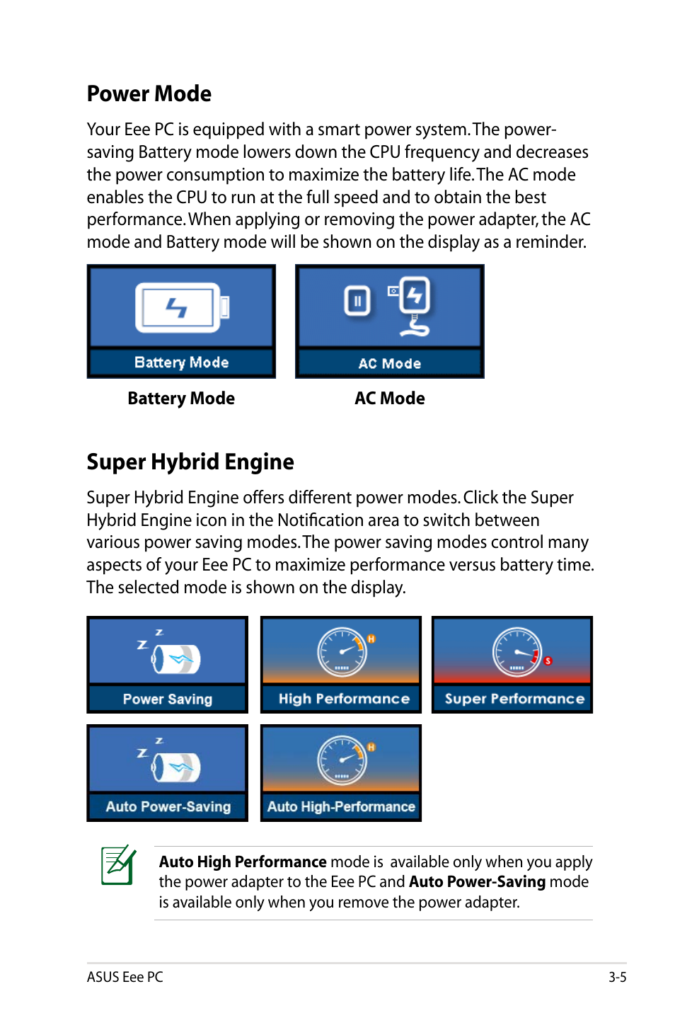 Power mode, Super hybrid engine | Asus Eee PC 701SDX/Linux User Manual | Page 27 / 78