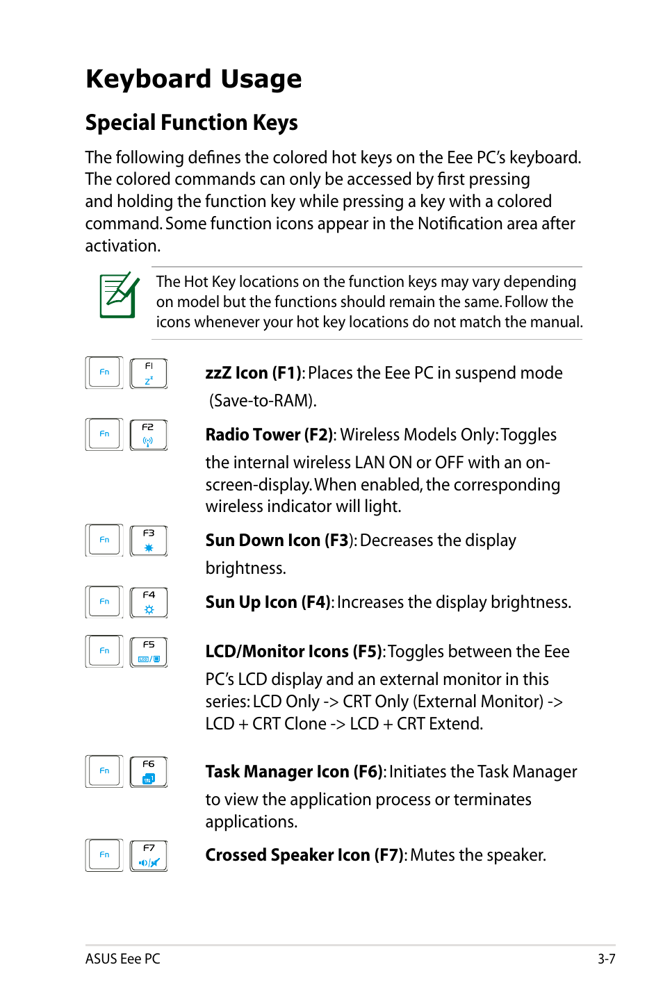 Keyboard usage, Special function keys | Asus Eee PC 701SDX/Linux User Manual | Page 29 / 78