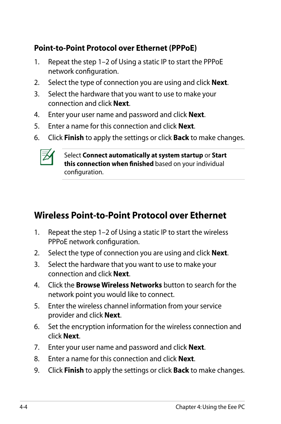 Wireless point-to-point protocol over ethernet | Asus Eee PC 701SDX/Linux User Manual | Page 36 / 78