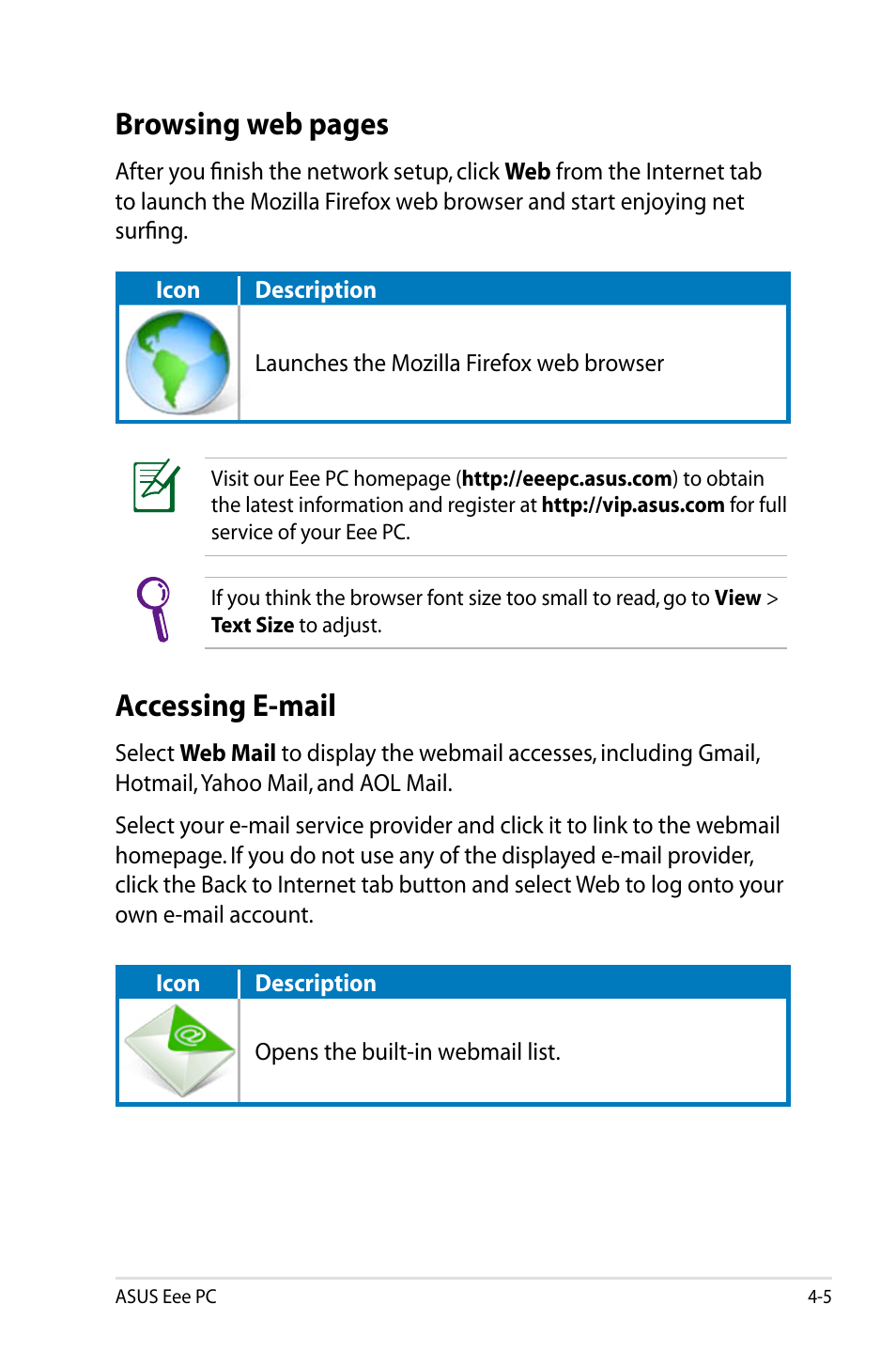 Browsing web pages, Accessing e-mail | Asus Eee PC 701SDX/Linux User Manual | Page 37 / 78