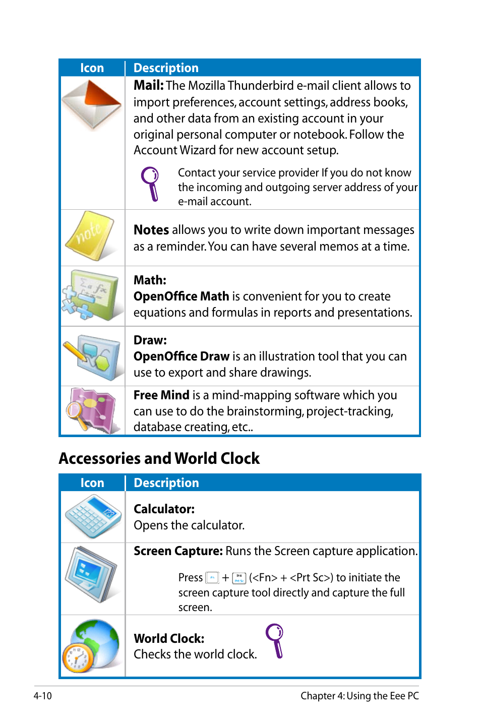 Accessories and world clock | Asus Eee PC 701SDX/Linux User Manual | Page 42 / 78