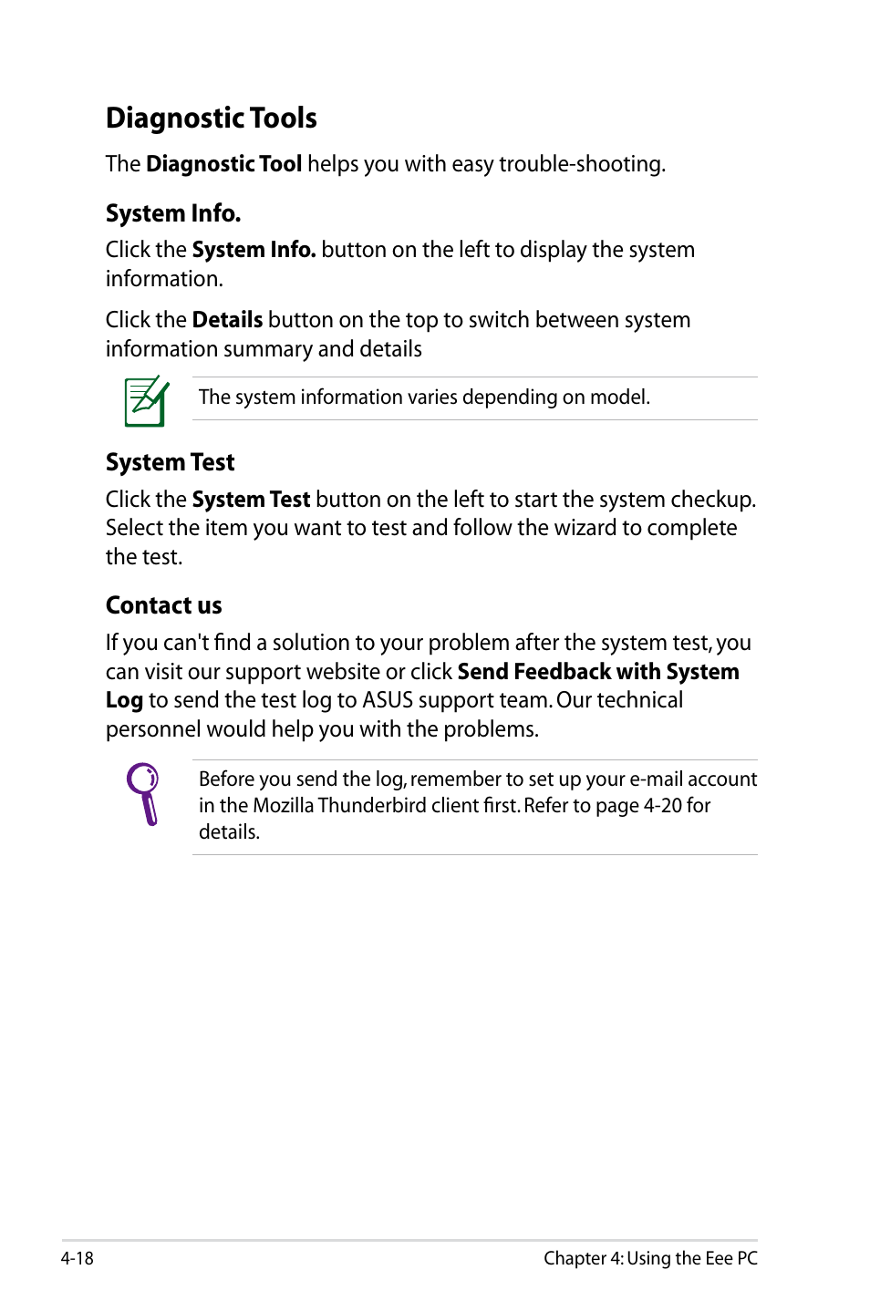 Diagnostic tools | Asus Eee PC 701SDX/Linux User Manual | Page 50 / 78