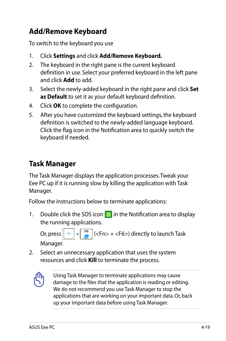 Task manager, Add/remove keyboard | Asus Eee PC 701SDX/Linux User Manual | Page 51 / 78