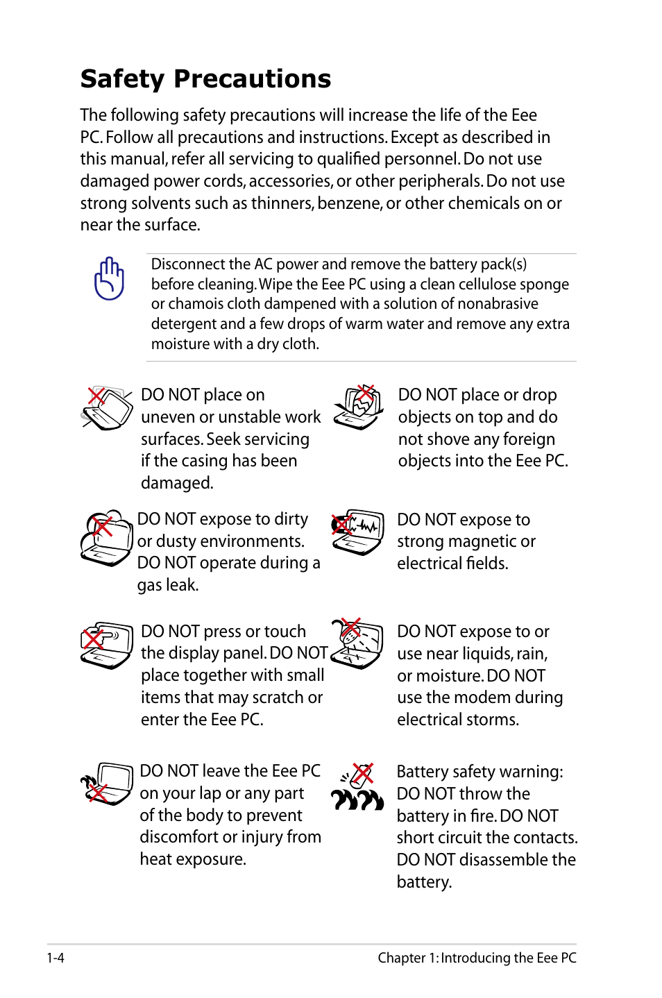 Safety precautions | Asus Eee PC 701SDX/Linux User Manual | Page 8 / 78