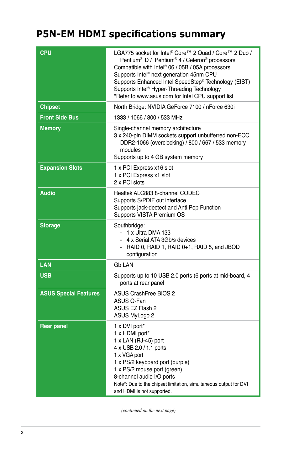 P5n-em hdmi specifications summary | Asus P5N-EM HDMI User Manual | Page 10 / 102