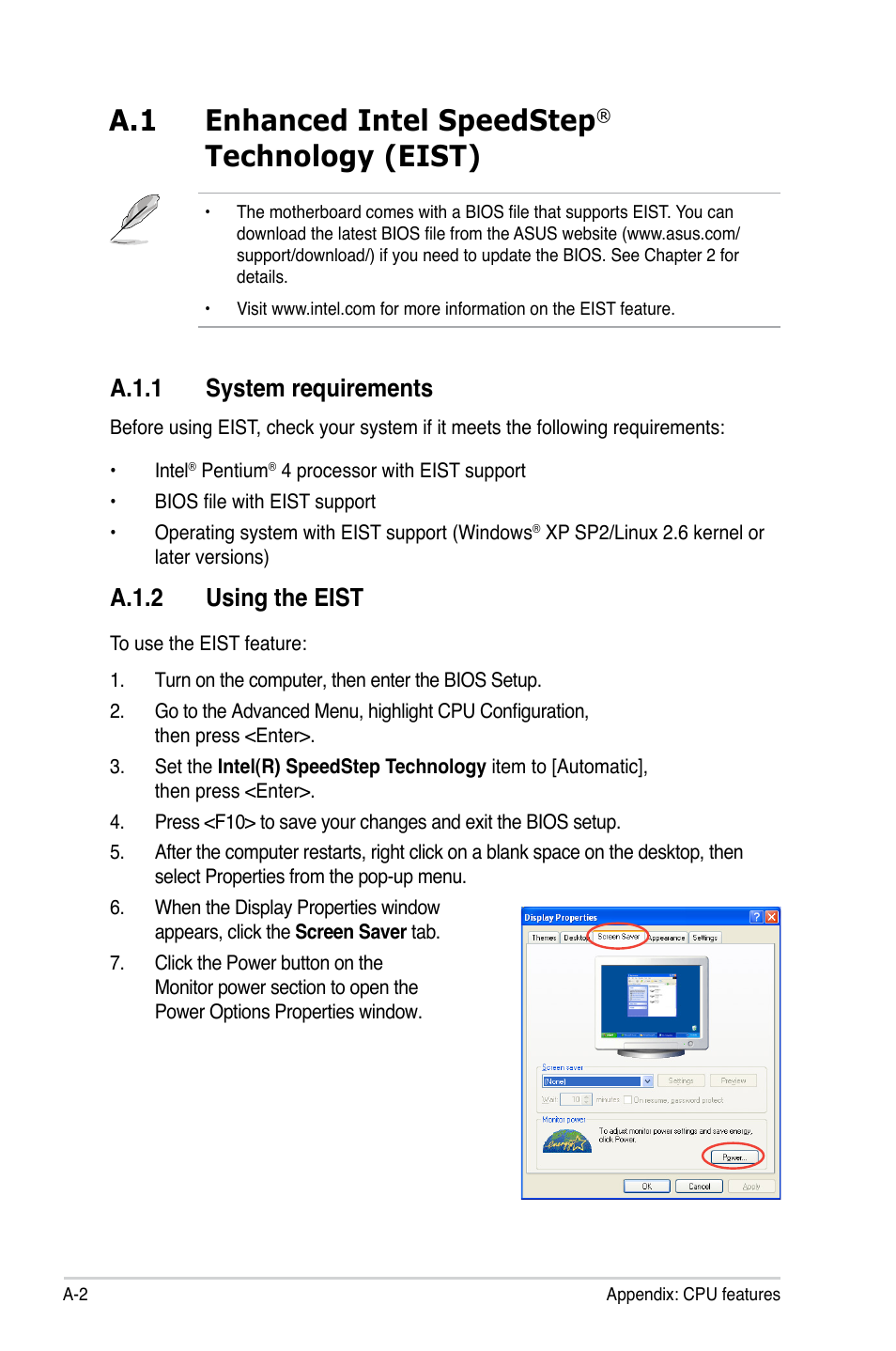 A.1 enhanced intel speedstep® technology (eist), A.1.1 system requirements, A.1.2 using the eist | A.1 enhanced intel speedstep, Technology (eist) | Asus P5N-EM HDMI User Manual | Page 100 / 102