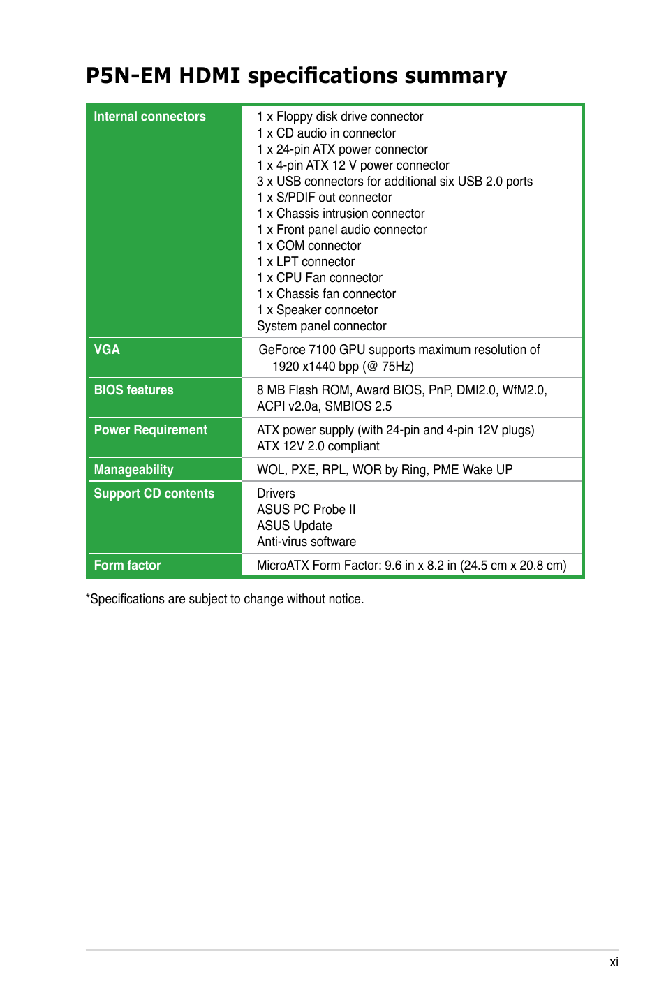 P5n-em hdmi specifications summary | Asus P5N-EM HDMI User Manual | Page 11 / 102