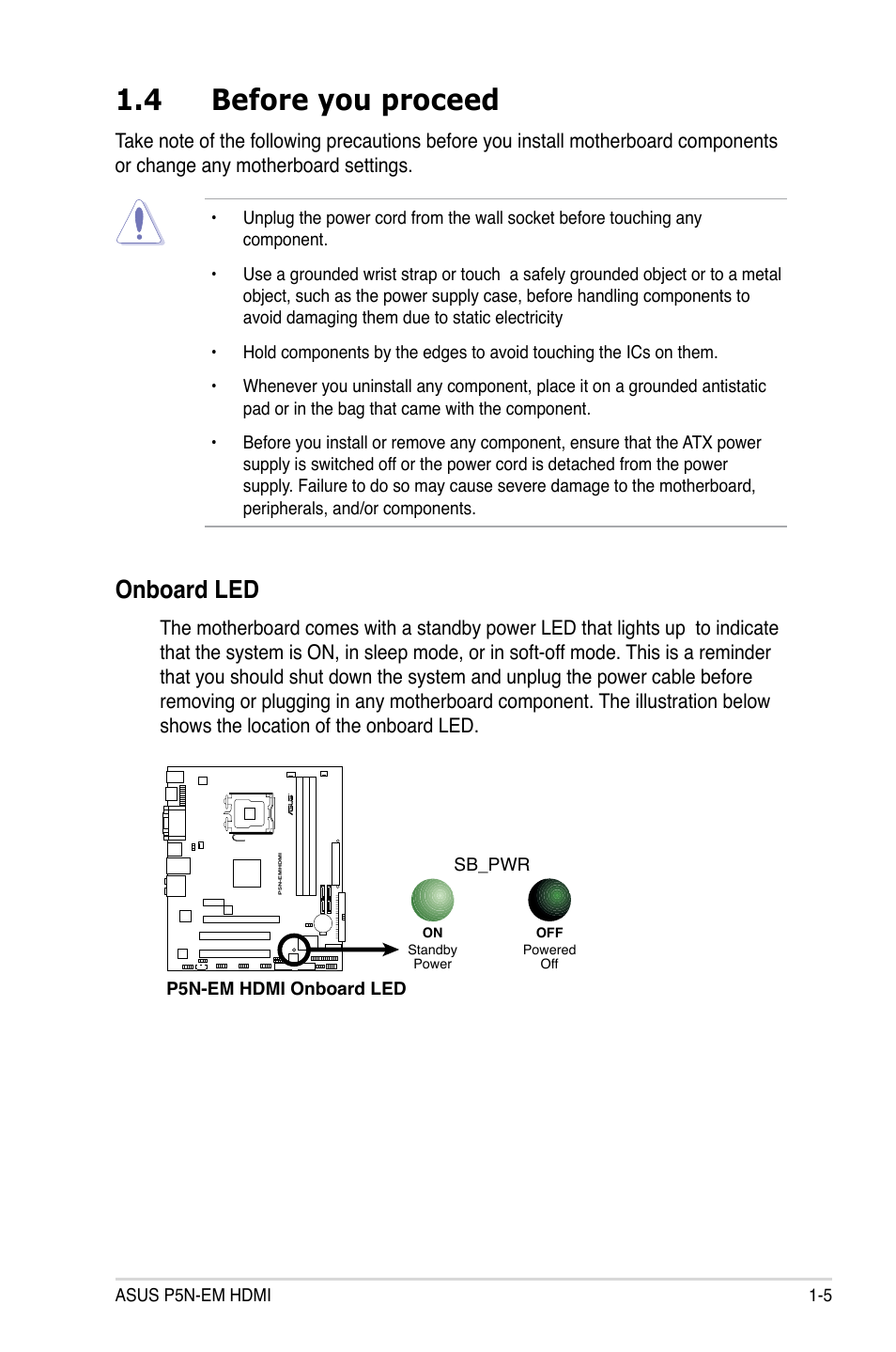 4 before you proceed, Onboard led | Asus P5N-EM HDMI User Manual | Page 17 / 102