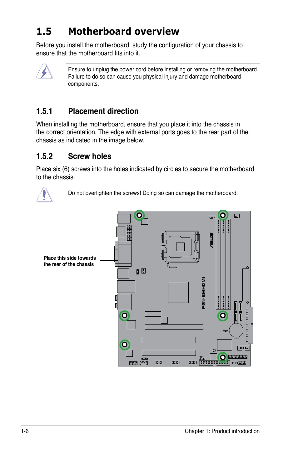 5 motherboard overview, 1 placement direction, 2 screw holes | Asus P5N-EM HDMI User Manual | Page 18 / 102